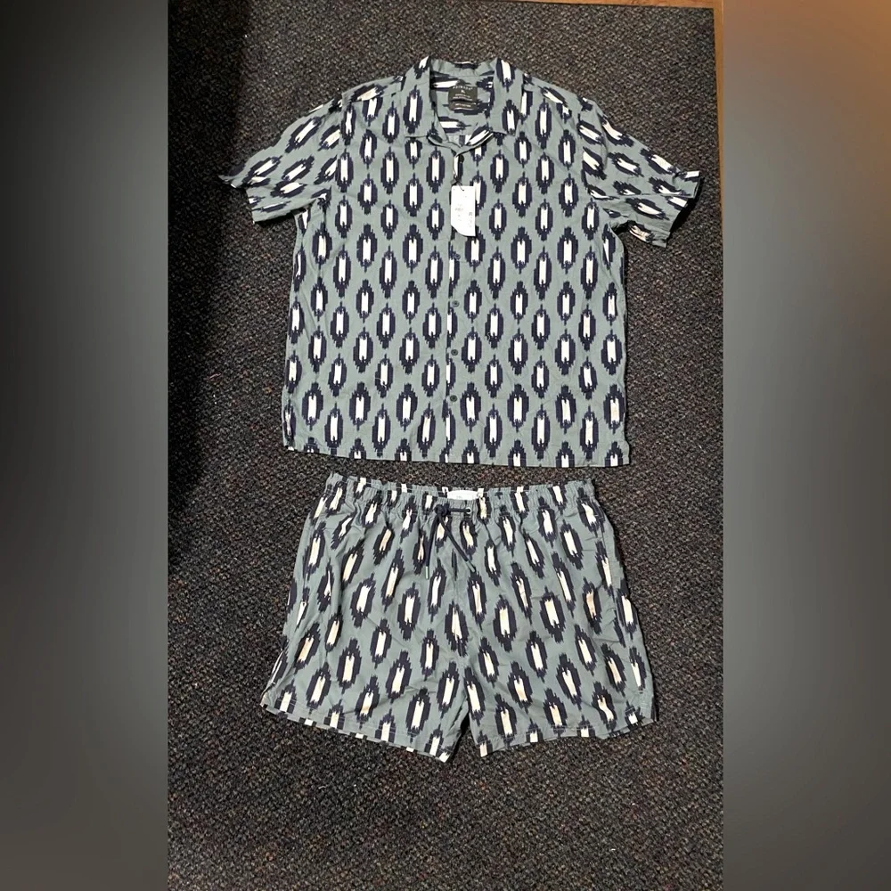 Primark Green And Black Ikat Swim Shirt And Trunks Size XL NEW With Tags